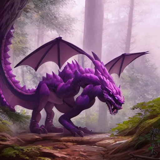 Image similar to concept art painting of an anthropomorphic purple humanoid bipedal dragon, in the deep forest, realistic, detailed, cel shaded, in the style of makoto shinkai and greg rutkowski and james gurney