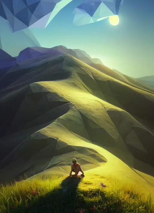 Image similar to summer afternoons in the low - poly hills, the hills are made of polygons, diffuse lighting, fantasy, intricate, surrealism!!!!, highly detailed, lifelike, photorealistic, digital painting, artstation, illustration, concept art, smooth, sharp focus, by greg rutkowski, chris tulloch mccabe, valentina remenar and asher duran,