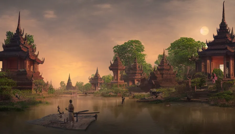 Image similar to matte painting of a beautiful sukhothai village, digital art, trending on artstation