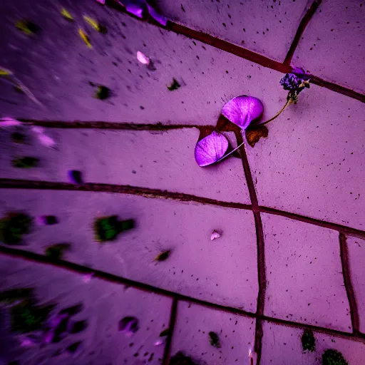 Image similar to closeup photo of one purple flower petal flying above a city, aerial view, shallow depth of field, cinematic, 8 0 mm, f 1. 8