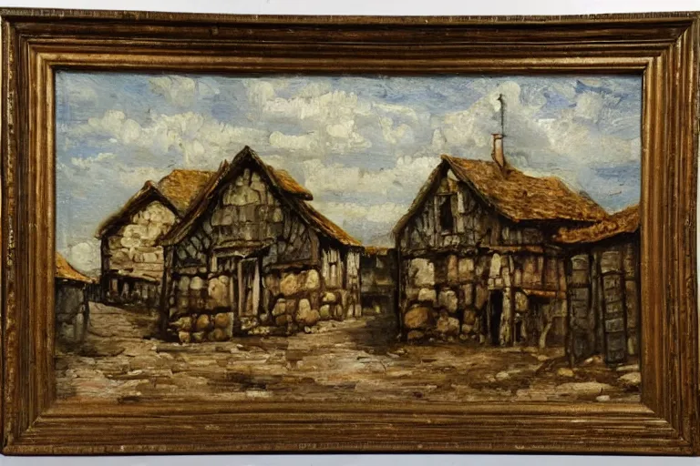 Image similar to old village, middle ages, oil painting, oil in canvas, brushstrokes