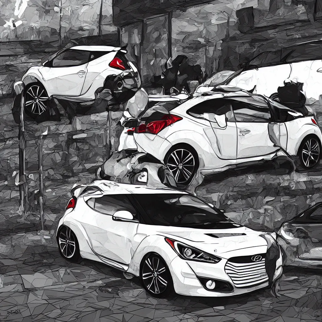 Image similar to white hyundai veloster n parked outside 7 / 1 1, hard parked stance, digital art, super aesthetic, art station, cartoon novel style