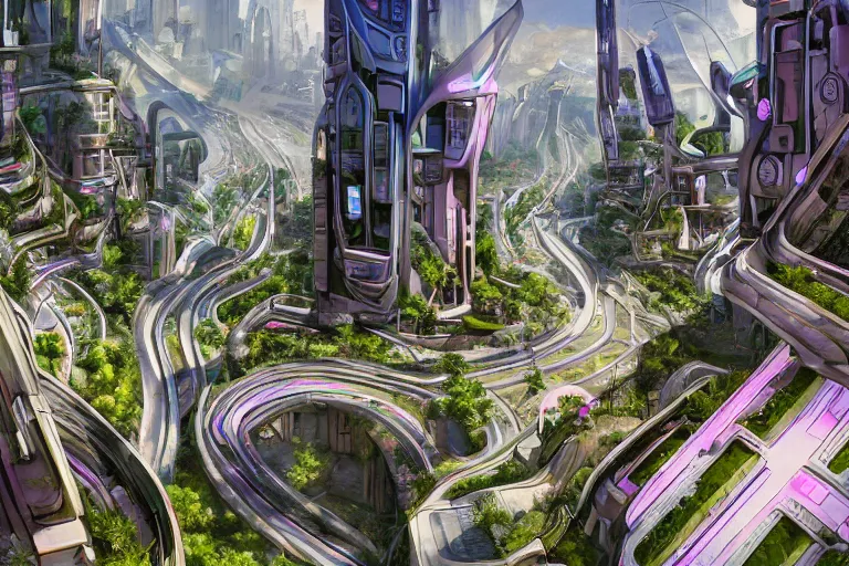 Image similar to futuristic cyberpunk city, advance civilization, luxurious streets, with lush Italian sakura garden located on Waimea canyon in Kauai, Pamukkale, beautiful smooth sandstone in unique shapes with light beams that shine through its walls, striated swirling finish, white travertine terraces, digital painting, concept art, smooth, sharp focus, from Star Trek 2021, illustration, by WLOP and Ruan Jia and Mandy Jurgens and William-Adolphe Bouguereau, Artgerm