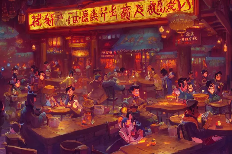 Image similar to fantasy art of a bustling tavern in china, at night, by cory loftis, highly detailed digital art, trending on artstation