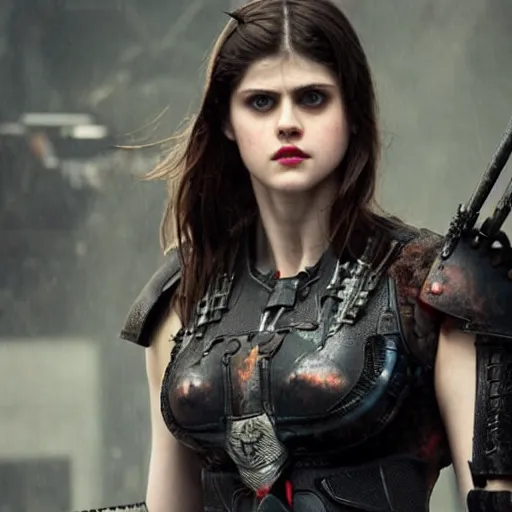 Image similar to photo of alexandra daddario as a cyberpunk warrior with weapons