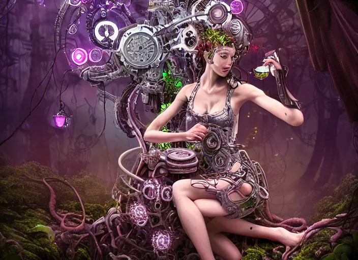 Image similar to intricate mechanical fairy with visible gears having tea with a cyborg gorgon medusa in a magical forest. Very detailed 8k. Fantasy cyberpunk horror. Sharp. Cinematic post-processing