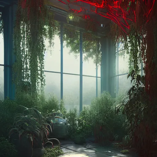 Image similar to sunroom filled and made of plants intricate artwork by artstation. halo. octane render, cinematic, hyper realism, octane render, 8k, bokeh, demonic, dark, devil, demons, mist, red illuminating fog, rocks, hell. scheme.