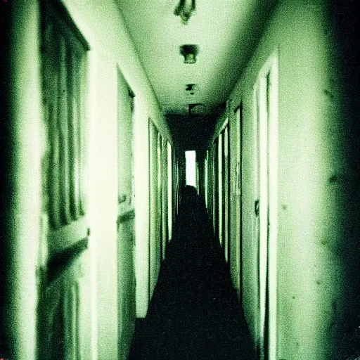 Image similar to Photograph of an abandoned 1940s long hallway with Samara from the movie the ring, dark, no lights, moist, taken using a film camera with 35mm expired film, bright camera flash enabled, award winning photograph, creepy, liminal space