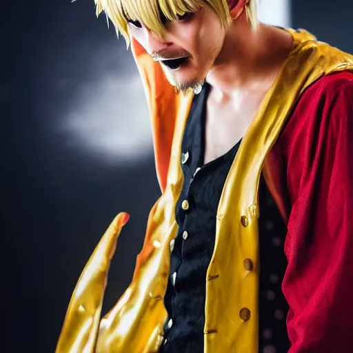 Image similar to A full portrait photo of real-life sanji one piece, f/22, 35mm, 2700K, lighting.