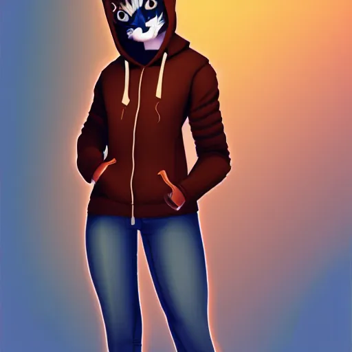 Prompt: humanoid furry!! anthro avian!!!!! fursona, bird!!!!! female!! digital art! trending on artstation! subject wearing hoodie and jeans!!