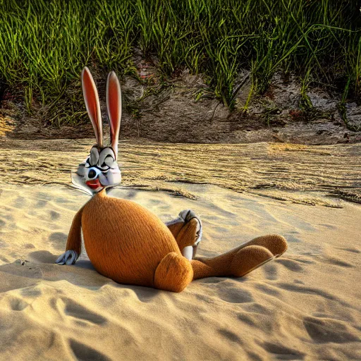 Prompt: Photo of Bugs Bunny laying on the beach, photography, HDR