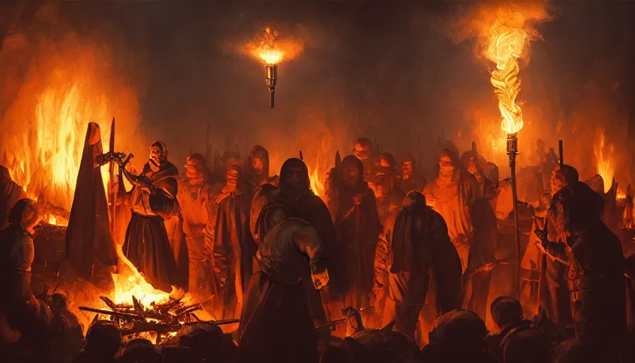 Image similar to a great inquisitor with a torch in his hands, they are having a barbecue, behind which is a village burning with fire, fine details, blood, digital art, volumetric lighting, cinematic light, photorealistic, by greg rutkowski, by marc simonetti, by giger, by caravaggio, 4 k,