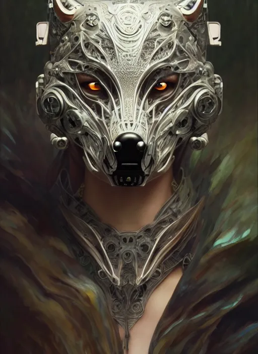 Image similar to organic cyborg, wolf mask, diffuse lighting, fantasy, intricate, elegant, highly detailed, lifelike, photorealistic, digital painting, artstation, illustration, concept art, smooth, sharp focus, art by John Collier and Albert Aublet and Krenz Cushart and Artem Demura and Alphonse Mucha