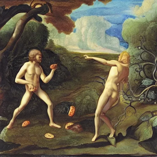 Image similar to news footage of Adam and Eve fleeing Eden, throwing an apple core at the cameraman