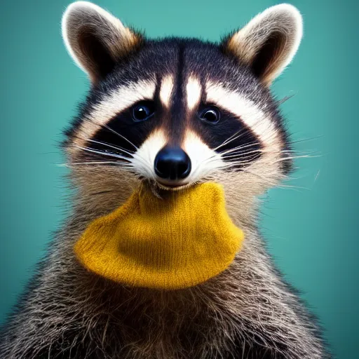 Image similar to happy racoon wearing a yellow turtleneck, studio, portrait, facing camera, studio, dark bg