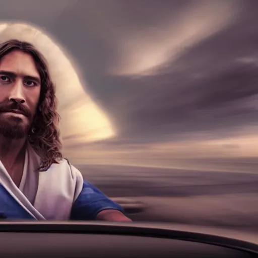 Image similar to A long shot photograph of Jesus driving a car, 4k, ultra HD