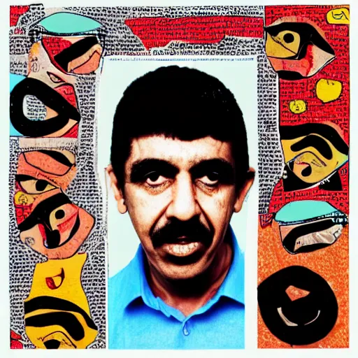 Prompt: omar souleyman in the style of daniel johnston and outsider art, collage with arabic advert text, 4k