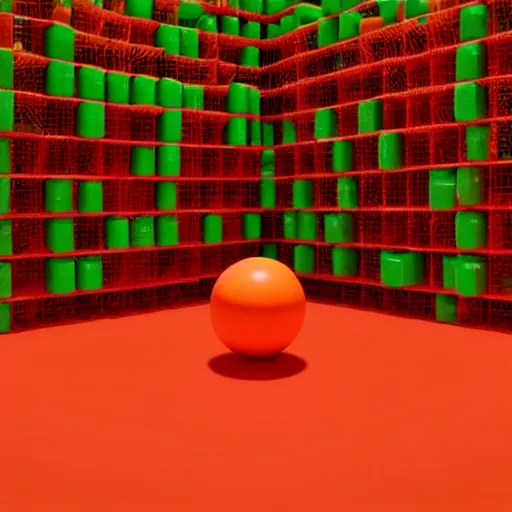 Prompt: a 3 d render of a stack of green cubes on the left and an orange ball on the right in a red room, blender, ue 5, octane render, trending on artstation