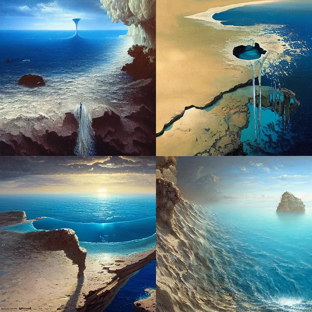 Prompt: clear blue ocean waters splitting apart to reveal ocean floor, dreamlike surrealism, 4 k, award - winning, painting by salvador dali, by greg rutkowski