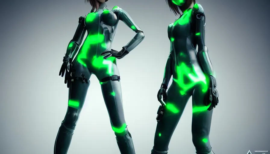 Prompt: render beautiful 3 d anime woman with short brown hair, heterochromia, blue eye and green eye, sci fi glowing bodysuit with mechanical boots, heavy makeup, short smile, cinematic lightning, highly detailed, trending on artstation, unreal engine 4 k, cinematic wallpaper