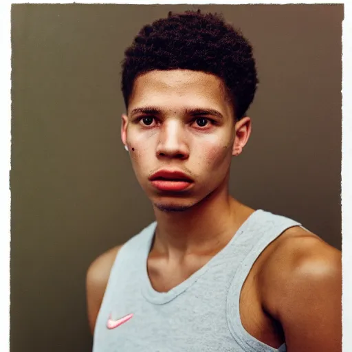 Prompt: realistic photoshoot for a new nike lookbook, color film photography, portrait of a beautiful caucasian person, in style of Tyler Mitchell, 35mm, graflex