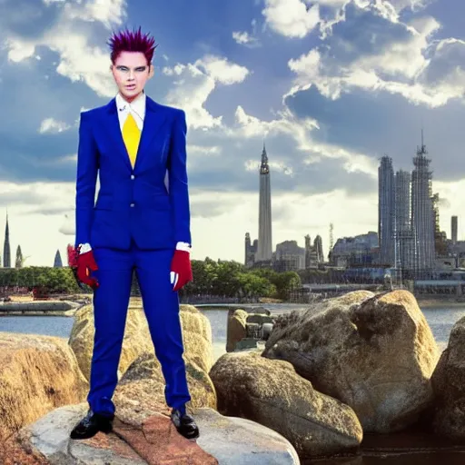 Prompt: photograph of Ruby Rose with spiky red hair and wearing gold contact lenses and dressed in a blue men's suit with a yellow tie, standing on a stone bridge with a city of stone towers in the background