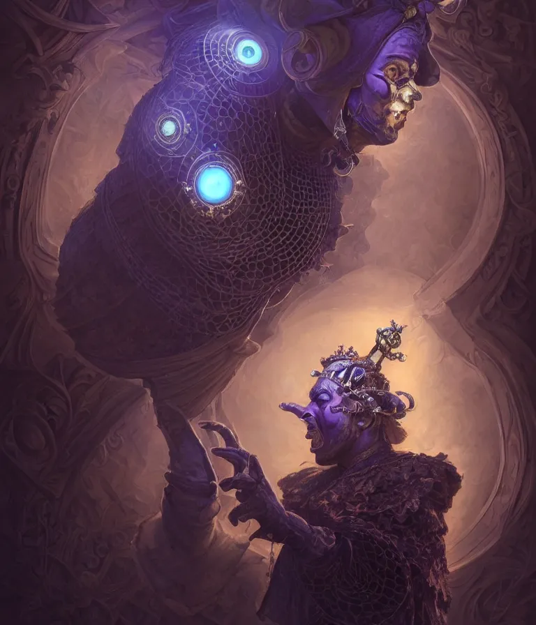 Prompt: front!!! shot of a court jester!!! character, hyperdimensional, bioluminescent hypercubes, dark holography!!!, future, chrome, (((intricate))), elegant, highly detailed, centered, (((artstation, concept art, smooth, sharp focus, artgerm, Tomasz Alen Kopera, Peter Mohrbacher, donato giancola, Joseph Christian Leyendecker, WLOP, Boris Vallejo))), mugshot!!!!!, ugly!!!!!!, octane render, nvidia raytracing demo, octane render, nvidia raytracing demo, octane render, nvidia raytracing demo, grainy, muted, 8K, digitalblasphemy, metatron