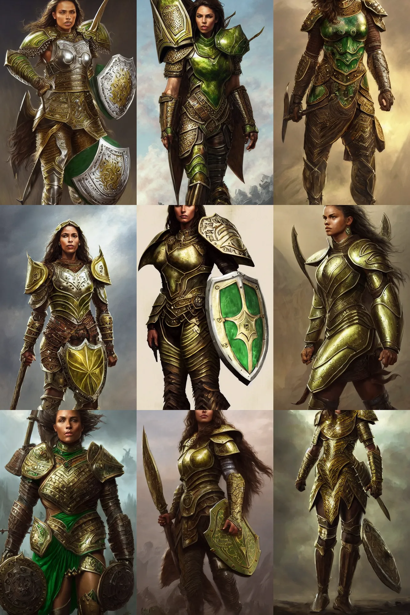 Prompt: full body portrait of a rugged female warrior brown skin medium length brown hair and a very highly detailed face wearing elegant white, green and gold plate mail armor intricately painted, holding a huge tower shield, very highly detailed, artstation, realistic character concept artgerm, sharp focus, by greg rutkowski, and magali villeneuve
