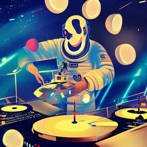 Image similar to astronaut at a dj table using cheese to spin records, highly detailed concept art, dreamy lighting, blender, beautiful