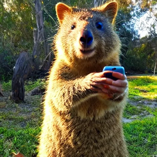 Image similar to happy quokka taking a selfie and smoking a joint, golden hour, ultra realistic