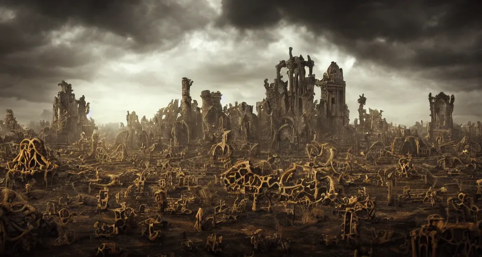 Prompt: bone labyrinth made out of gigantic monster bones, art deco medieval style, grimdark vibes, golden skeleton statue in center of labyrinth, abandoned vibes, gloomy moody clouds, god sun rays, complimentary color scheme, G liulian Art style, dynamic lighting, highly detailed, cinematic landscape, octane render, unreal engine