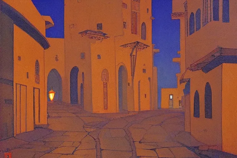 Image similar to winding street at midnight in a very old very beautiful city in saudi arabia by George Price Boyce and Nicholas Roerich and William Dyce, glowing paper lanterns, strong dramatic cinematic lighting , ornate tiled architecture, lost civilizations, smooth, sharp focus, extremely detailed