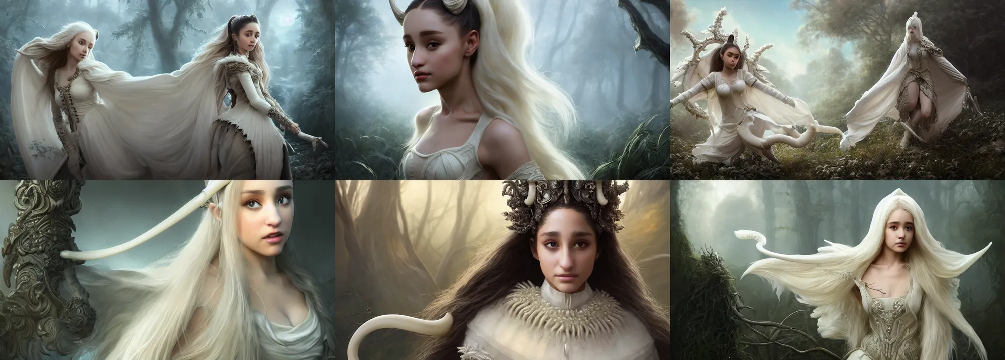 Prompt: ultrarealistic fantasy portrait ariana grande running, long ivory hair ivory eyes wearing ivory carved bone mantle gothic ivory bone cloak with intricate details, bone plants, fantasy character octane render, substance painter, cinematic lighting, volumetric lighting, artstation, dnd art, cgsociety, sharp focus, digital painting by artgerm, gerald brom, wlop