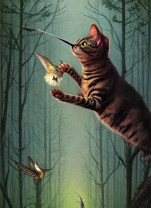 Image similar to a hyper realistic illustrated cat with playing with a hummingbird on its paw in the woods gorgeous lighting, k _ lms lush forest foliage painting by chiara bautista and beksinski and norman rockwell and greg rutkowski weta studio, and lucasfilm