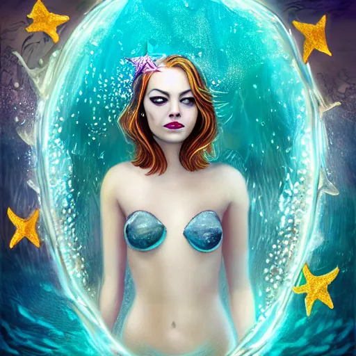 Image similar to emma stone portrait, fantasy, mermaid, hyperrealistic, game character, underwater, highly detailed, sharp focus, cinematic lighting, pearls, glowing hair, shells, gills, crown, water, highlights, starfish, jewelry, realistic, digital art, pastel, magic, fiction, ocean, king, colorful hair, sparkly eyes, fish, heroic, god, waves, bubbles