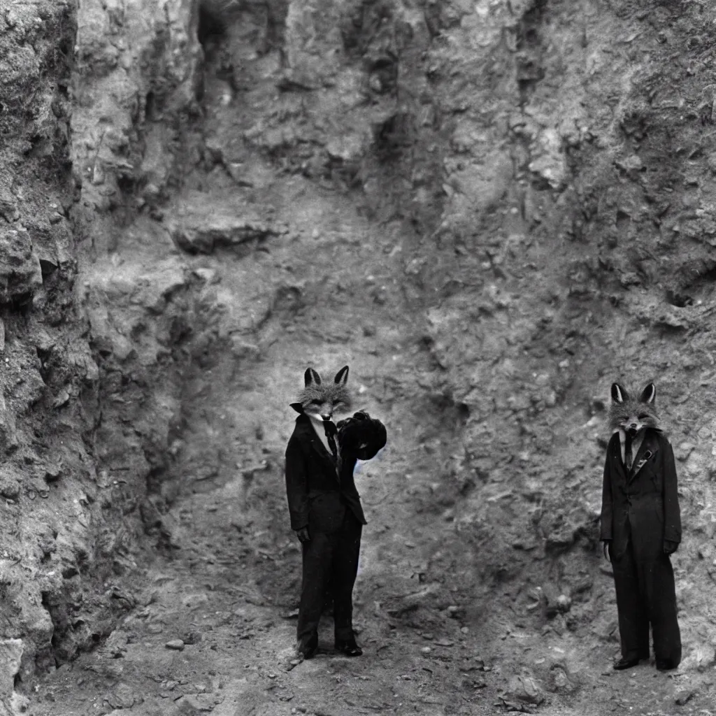 Image similar to anthropomorphic furry fox wearing suit explores underground city, 1 9 3 0 s film still