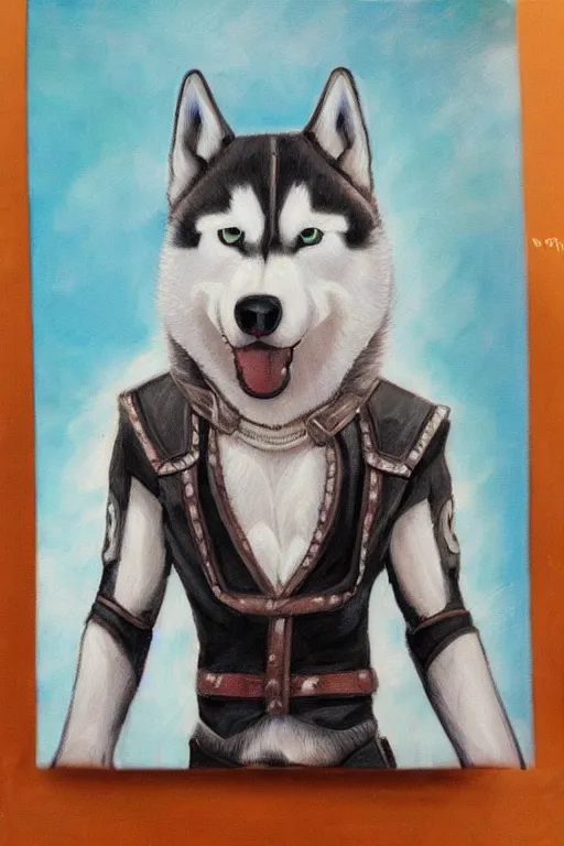Prompt: a portrait painting of a husky in cowboy costume, character design, anime, furry