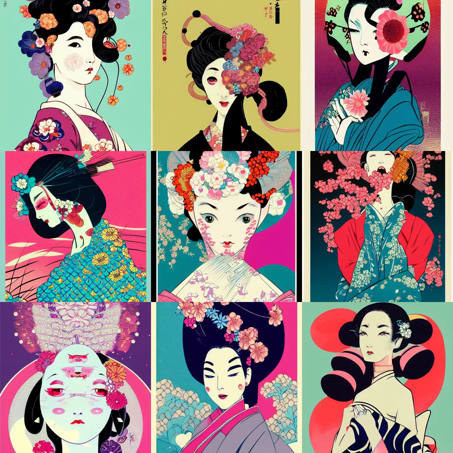 Prompt: beautiful vogue geisha by hokusai, hikari shimoda, victo ngai, classic shoujo, in the style of 6 0 s pop art, fantastic planet, minimalist poster art, pastel colors, gothic, retrofuturism, dmt art, icon, skull, artstation, artgerm