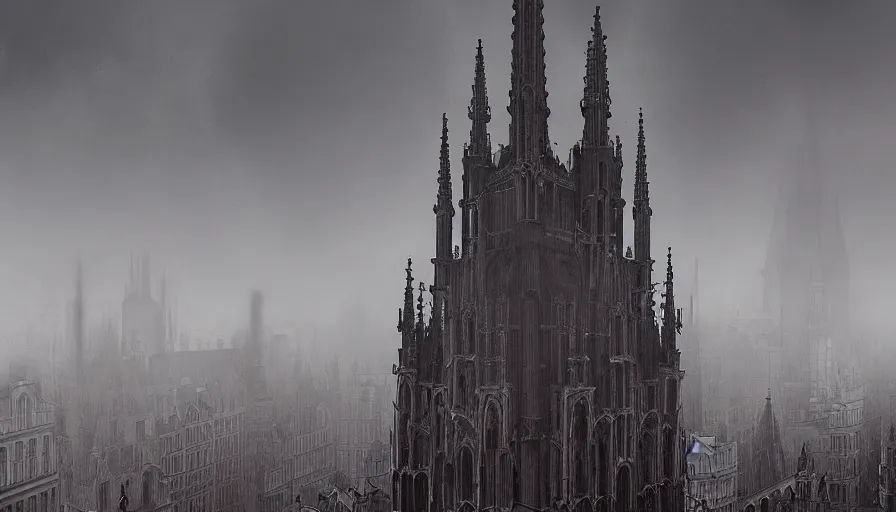 Image similar to strees view of neo - gothic brussels, fog, hyperdetailed, artstation, cgsociety, 8 k