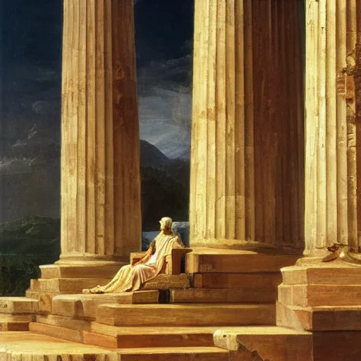 Image similar to a thomas cole naturalist style painting of zeus in a toga sitting atop mount olympus with enormous columns on either side