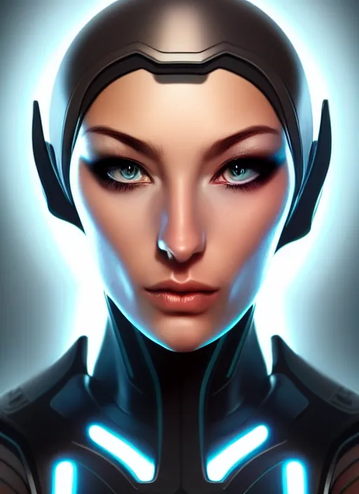 Image similar to portrait of a cyborg woman by Artgerm, (((((face turns left))))) (((face turns right+100))), eyes closed , biomechanical, hyper detailled, trending on artstation