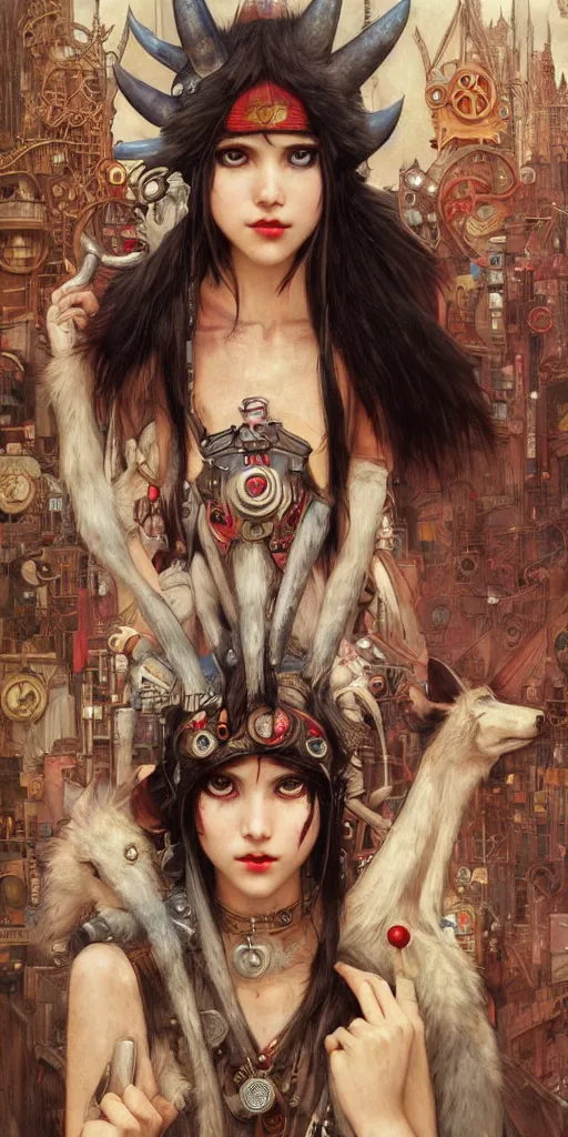 Image similar to hyper realistic Princess Mononoke with her mask, busy cyberpunk metropolis, city landscape, jewels, style of tom bagshaw, mucha, james gurney, norman rockwell, denoised, sharp