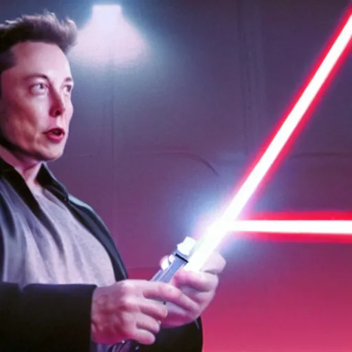 Image similar to film still of elon musk holding a red lightsaber