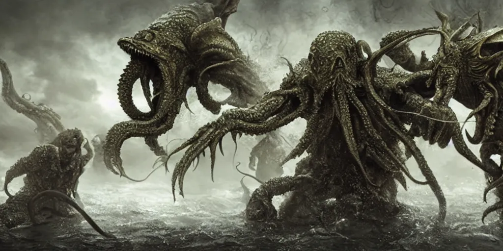 Image similar to Soldiers fighting Cthulhu, Photorealistic, insane_details