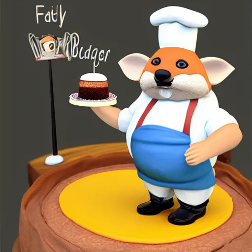 Image similar to pvc figurine of a fat badger wearing a chef's hat and apron and holding a cake, furry art, badger, artstation, figurine