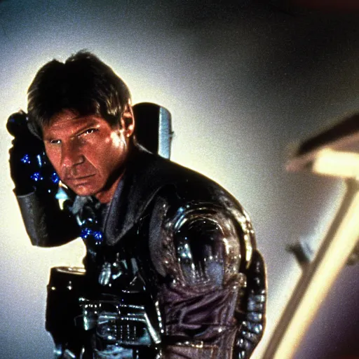 Image similar to movie still, 1 9 8 0 s, harrison ford as armored alien hunter, photorealistic, hyperdetailed, by ridley scott and john carpenter, blue leds