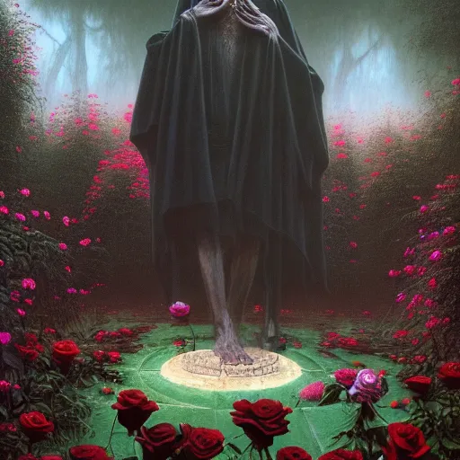 Prompt: papa legba being being worshipped by a haitian death cult wearing black robes in a rose garden with a reflective pool, by Zdzislaw Beksinski and greg rutkowski and android jones and thomas kinkade in a surreal cyberpunk voodoo style, oil on canvas, 8k, hd,