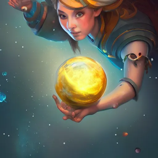 Image similar to a player goddess rolling the earth on her finger, floating in space, highly detailed, digital painting, artstation, octane render, concept art, matte, sharp focus, hearthstone, illustration