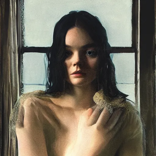 Prompt: silhouette of Elle Fanning in the world of Andrew Wyeth, stormy weather, extremely detailed masterpiece, oil on canvas, low-key neon lighting, artstation, Blade Runner 2049, Roger Deakin’s cinematography, by J. C. Leyendecker and Peter Paul Rubens,