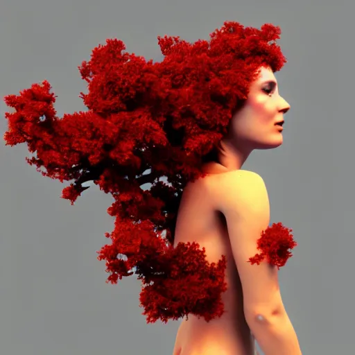 Prompt: a beautiful dryad with red hair, branches coming from her back, high quality, octane render